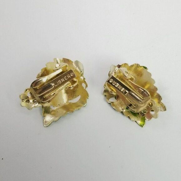 Vintage Lisner Bright Green Enamel Leaf Clip On Earrings, Signed Retro Estate - Picture 4 of 7